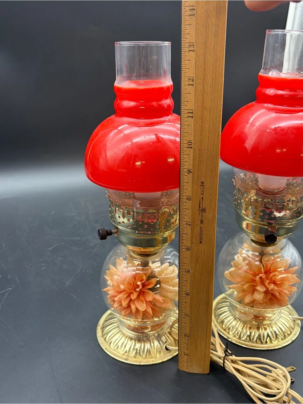 Vintage Pair Red Shade Hurricane Lamps Brass Bedside Lights Floral Grannycore